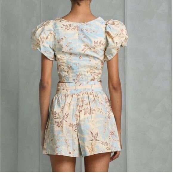 ULLA JOHNSON Kalena Floral Poplin Crop Top Puff Sleeve Front Zip Gardenia Sz 10 - Picture 10 of 15